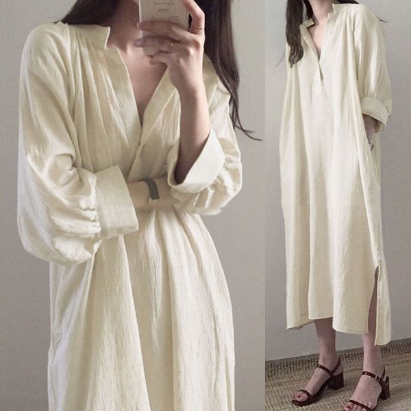 

elegant shirt dress women spring sundress zanzea long sleeve midi vestidos female v neck button split cotton robe plus size 7, Black;gray