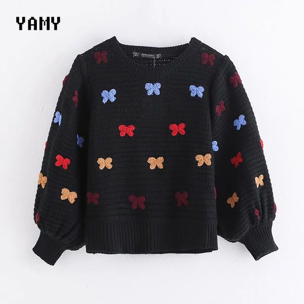 

colorful embroidered butterflies womens sweater long sleeve chic womens winter knitted pullover zora casual jumpers 2019, White;black