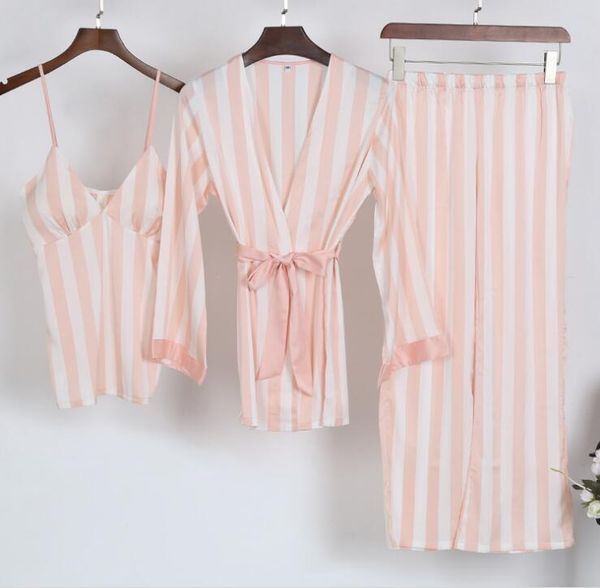 

2018 new pajamas set for women vest coat long pants 3 pieces/set striped homewear clothes blue green pink color nightgown, Blue;gray