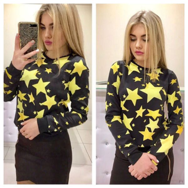 

2017 casual fashion women blouse long sleeve stars jumper hooded pullover new, White