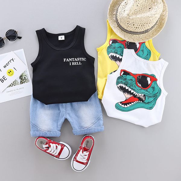 

children boys girls cotton summer baby cartoon dinosaur vest shorts 2pcs/sets toddler cartoon tracksuits infant clothes costume, White