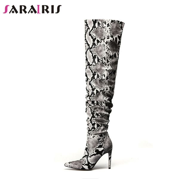 

sarairis brand new fashion snake veins thin high heels zip pointed toe shoes woman casual autumn winter over the knee boots, Black
