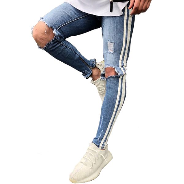 

lightweight jeans for men striped ripped hole denim pants skinny trousers, Blue