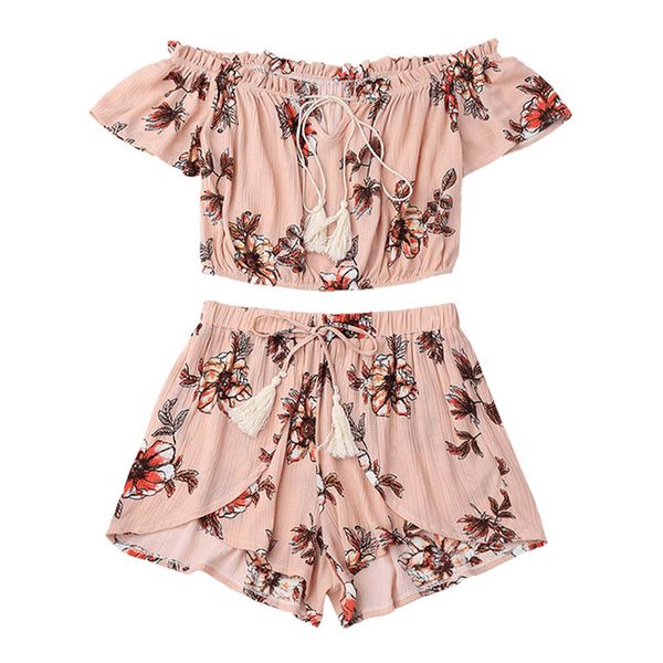 

casual two piece set women off shoulder printed beachwear crop set, White