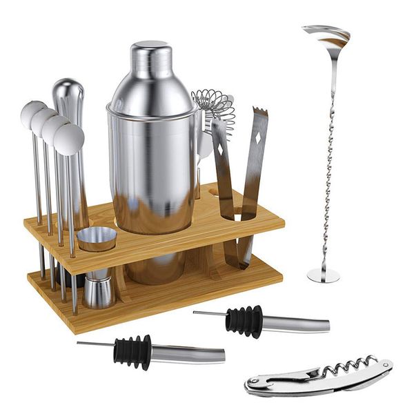 

party bar professional bartender kit mixer 750ml shaker bar set premium barware tool with wood frame perfect drink mixing 14pcs/set