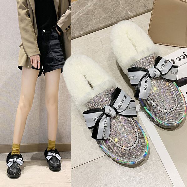 

w- rhinestone bow outdoor snow boots female autumn and winter cute fashion plus velvet thick full diamond short cotton shoes, Black