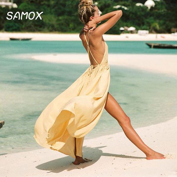 

jsmy 2019 new summer fashion women beach holiday sytle sling backless dress long slit bohemian dress, Black;gray
