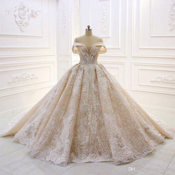 

100% реальные урожай с плеча бальное платье lace-up свадебные платья luxury sparkly кружева аппликация суд поезд плюс размер свадебное плать, White