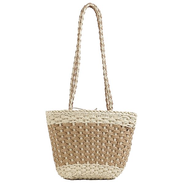 

ljl-bohemian beach bag colorblock bucket one shoulder handmade straw bag
