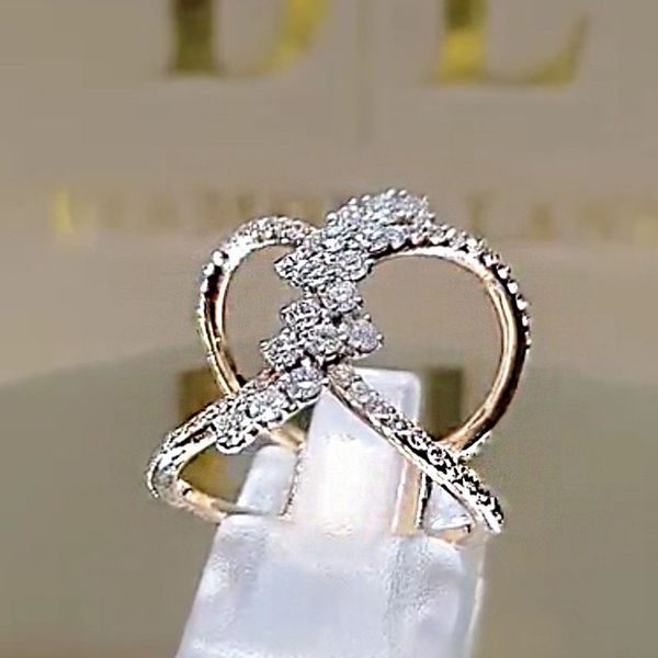 

female geometric hollow ring with zircon fashion party wedding rings for women vintage rose gold color finger ring, Golden;silver