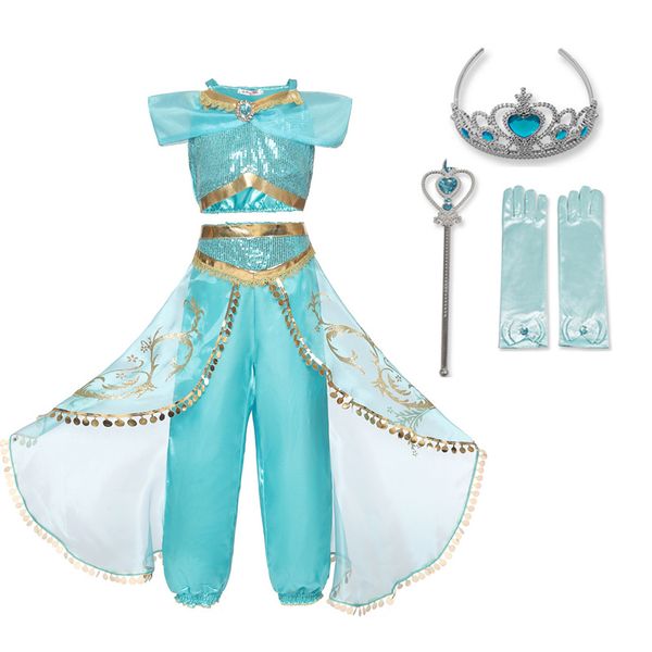 

summer girl dress arabian princess jasmine dress up costume children sleeveless sequin cosplay fancy clothes kid party fantasy, Blue