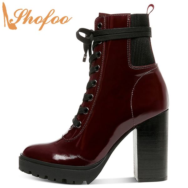 

burgundy high chunky heels ankle boots woman round toe lace up zipper booties big size 13 16 lady fashion patent leather shofoo, Black