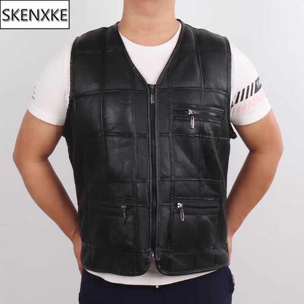 

male winter thick warm genuine sheepskin leather vests casual men natural sheepskin leather gilets new fashion real vest, Black