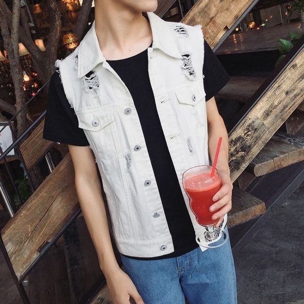 

design new spring letter printed mens sleeveless denim vests fashion single breasted hole ripped slim male waistcoats plus size, Black;white