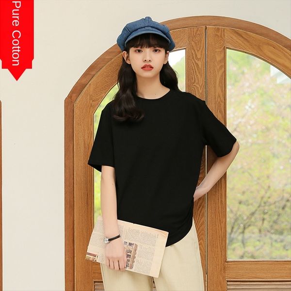 

2020bf basic casual loose simple solid color round collar cotton short sleeve t-shirt for women, White