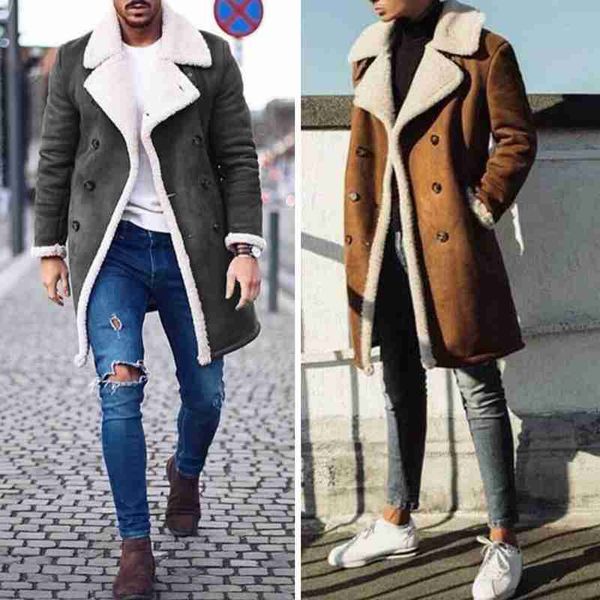 

men's fleece composite suede jacket winter fashion casual warm long double-breasted waterproof windproof warm jackets, Black;brown