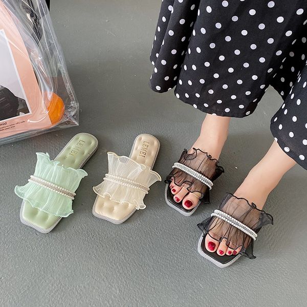 

shoes woman 2020 woman's slippers shale female beach slides flock low jelly flip flops square toe new sabot, Black