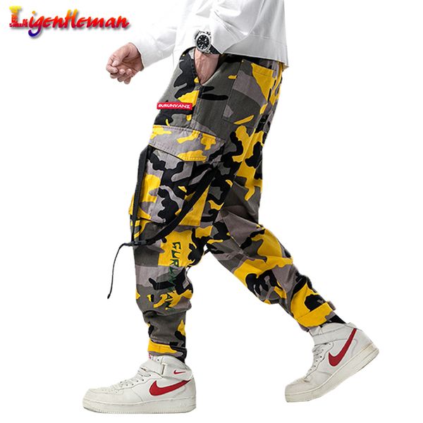 

men multi pocket hip hop long joggers pants spring men cargo pant tactical streetwear pant fashion new casual camo trousers, Black