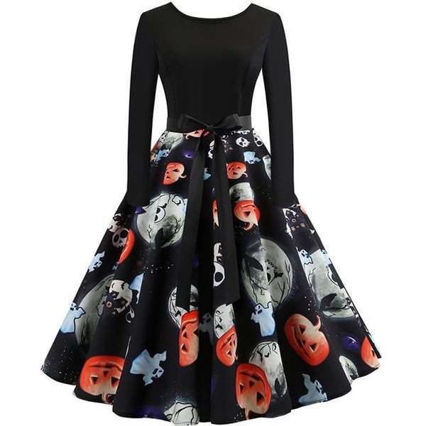 

summer dress casual women floral print elegant vintage party dresses autumn long sleeve a-line swing pin up vestidos plus size, Black;gray