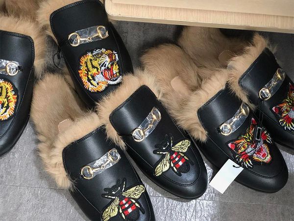 

designer fur mule princetown leather slipper for women mens luxury embroidered slipper genuine leather canvas velvet casual shoes us5-12, Black