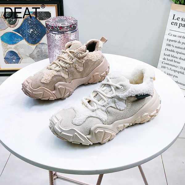

deat] 2019 round toe bandage casual sport lamswool spliced velvet high heels shoes women new autumn winter fashion 19i-a102, Black