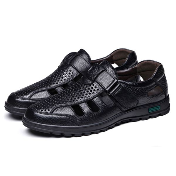 

genuine leather men sandals shoes fretwork breathable fisherman shoes style gladiator soft bottom summer classics men busi, Black