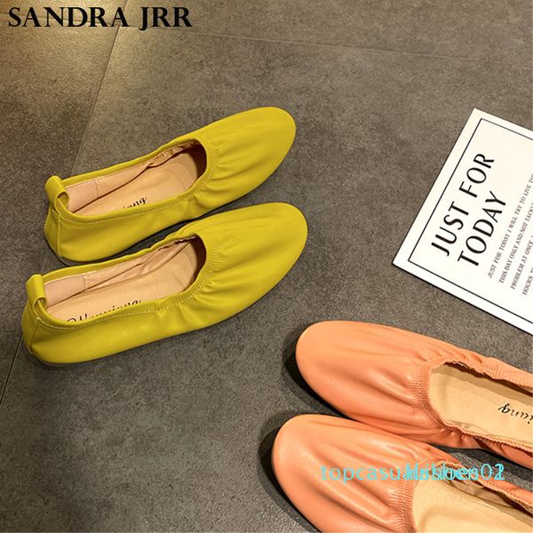 

sandra jrr women flat heel shoes leather round toe slip on elastic mouth casual ballet flats lady weekends shoes drive t01, Black