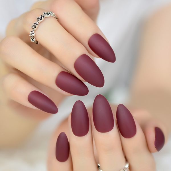 

fashion matte soft burgundy stiletto frosted false fake nails oval sharp pointed designed salon nail art tips good quality, Red;gold