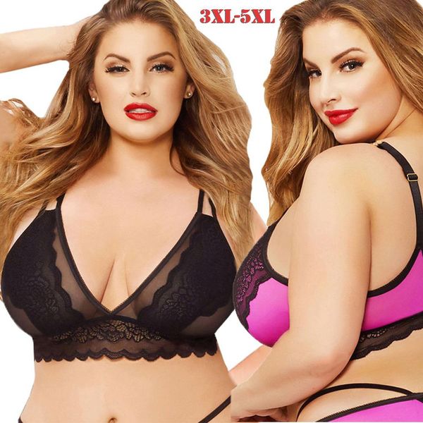 

clearance d cup large size lace stitching bra deep v perspective large size underwear d big bra cup, Red;black