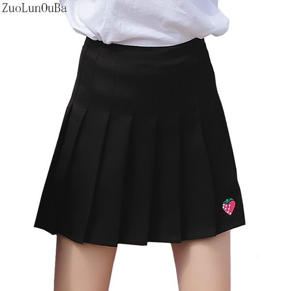 

women skirts fall winter new pleated skirt womens korean version strawberry embroidery high waist a word skirt mini tutu, Black