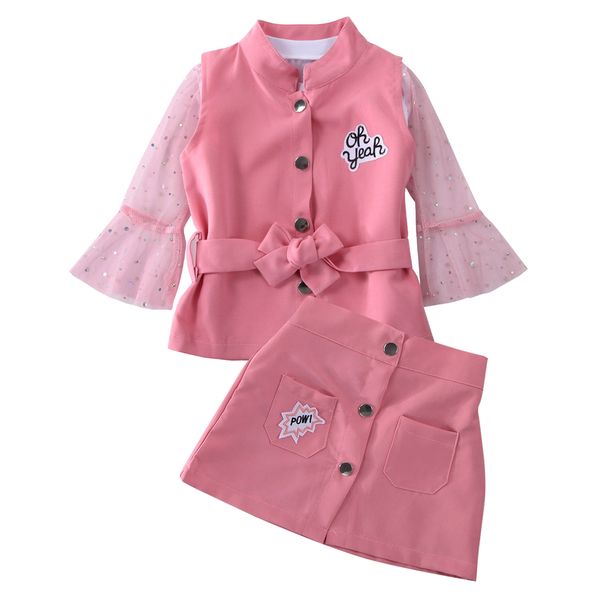 

elegant girl clothes 2020 toddler baby kid girl set vest coat lace flare sleeve +vest shirt +mini skirts 3pcs outfits, White