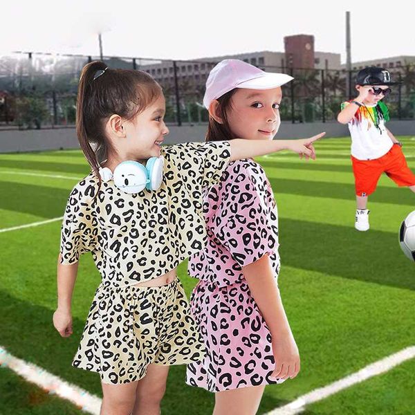 

kids' wear girl clothes korean version new leopard print t-shirt + half-length pants two-piece set children quality clothing, White