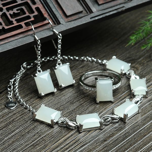 

original 925 silver inlaid natural jade bai yufang brand set genuine and hetian jade ring earrings bracelet set, Black