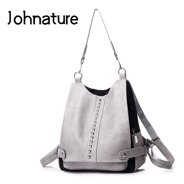 

johnature 2019 new softback zipper arcuate shoulder strap silt pocket solid soft handle casual rivet women backpack shoulder bag