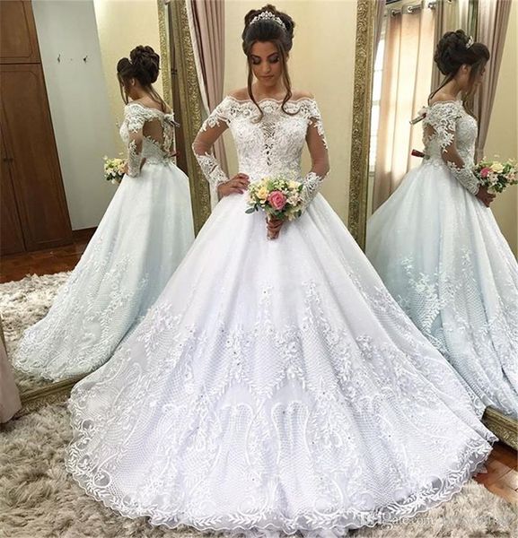 Romantic vestidos de casamento Lace 2019 elegante ombro fora de uma linha Sheer manga comprida vestidos de noiva vestidos de noiva formais Vestidos personalizado