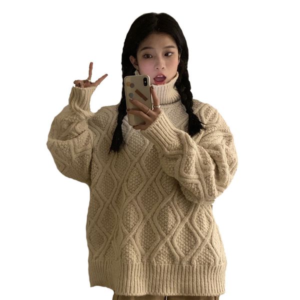 

2019 retro rhombus sweater winter sweater women knitted turtleneck pullovers casual soft jumper fc1016, White;black