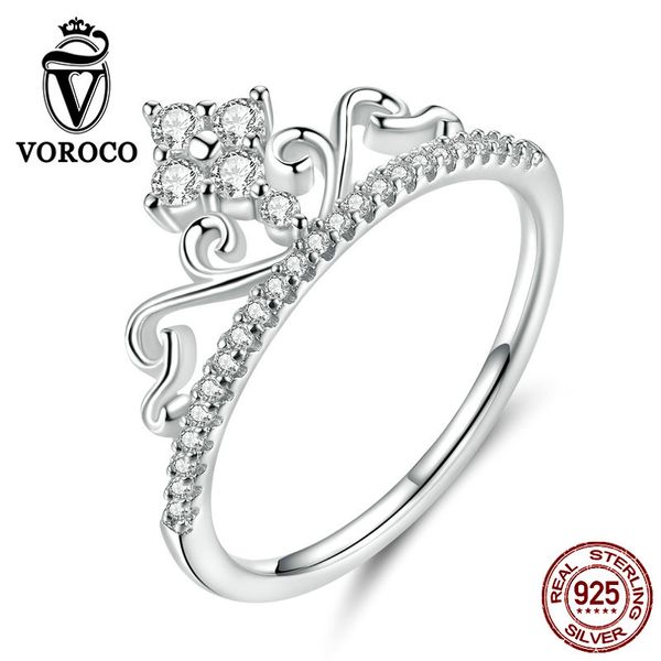 

voroco authentic 925 sterling silver ring fairytale sparkling crown ring cubic zirconia stone for women fine jewelry bkr597, Golden;silver