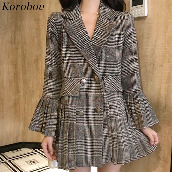 

korobov auttum fashion korean women blazer jacket new fashion plaid pockets coat slim double breasted blazers outwear 75953, White;black
