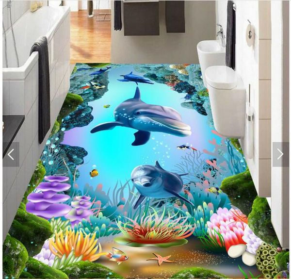 

3d pvc flooring custom p sticker underwater world cave dolphins tropical fish home decor living room wallpaper for walls 3 d