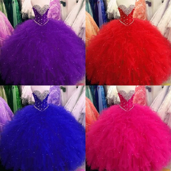 

goegeous red royal blue quinceanera prom dresses ball gown purple pink ruffles tulle crystal beading sweet 16 dress vastidos de dress, Blue;red