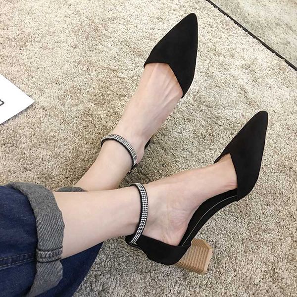 

women's shoes thick heel single shoes 2020 spring new fashion pointe word rhinestone high heel sandals roman, Black