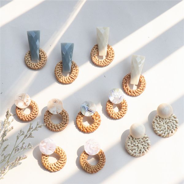 

6 styles korea handmade irregular acrylic stone wooden big hollow out round circle rattan straw weave drop earrings for women, Silver