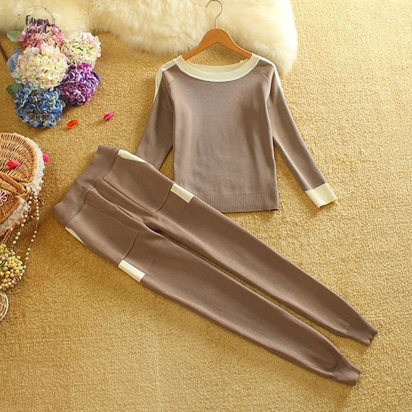 

knit women trousers sweaters long pants 2pcs sets o neck long sleeve sweater pullovers suits drop shipping, White