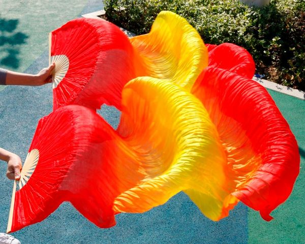 

2017 female chinese silk veils dance fans pair of belly dancing fans red+orange+yellow+orange+red, Black;red