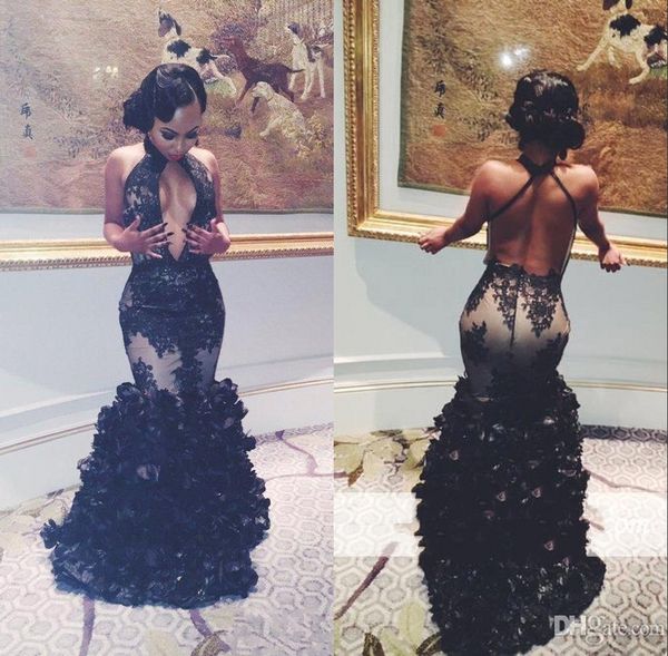 

Sexy Black Halter Floral Mermaid Prom Dresses Sexy Backless Black Girls Prom Dresses Tulle Appliques 3D Flowers Floor Length Evening Dresses