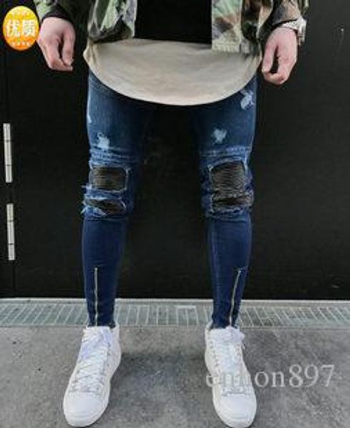 

style new fashion men's jeans blue color skinny fit spliced ripped jeans high street destroyed biker men mj032