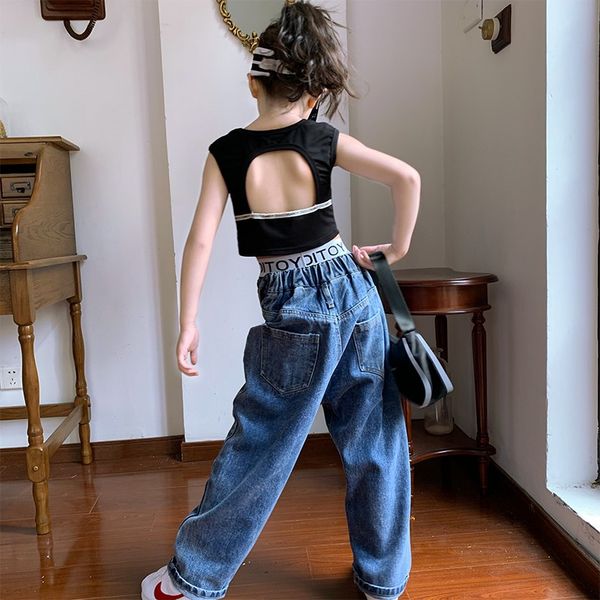 

girls' tank 2020 summer new korean version middle and big children's open back letter printing and matching sleeveless short, Blue
