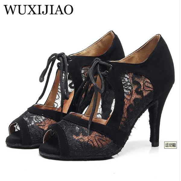 

wuxijiao lace latin dance shoes red and black for woman ballroom dancing shoes salsa performance dance heel 8.5/10cm