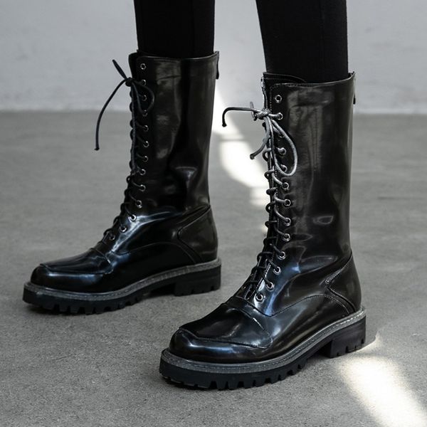 

2019 new genuine leather high boots women autumn winter boots fashion motorcycle low heel mid calf ladies shoes, Black