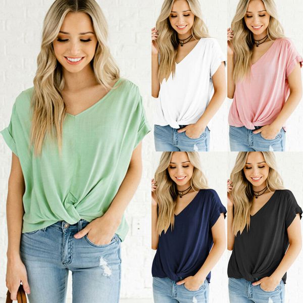 

women summer high low short sleeve v neck t-shirt tee casual loose blouse, White